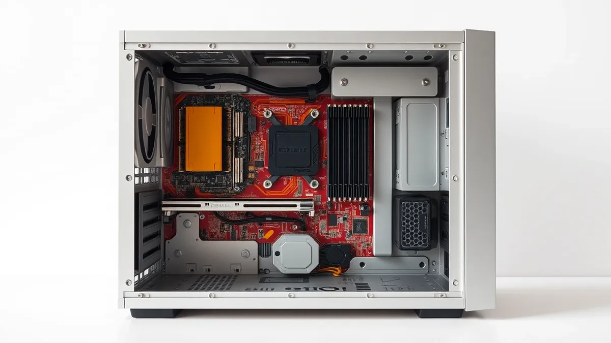 Illustration: An open aluminum computer chassis reveals an exposed motherboard and a large graphics card.