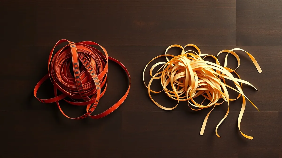 Illustration: A single film reel sits unspooled across a dark wooden table, forming two distinct tangled piles.