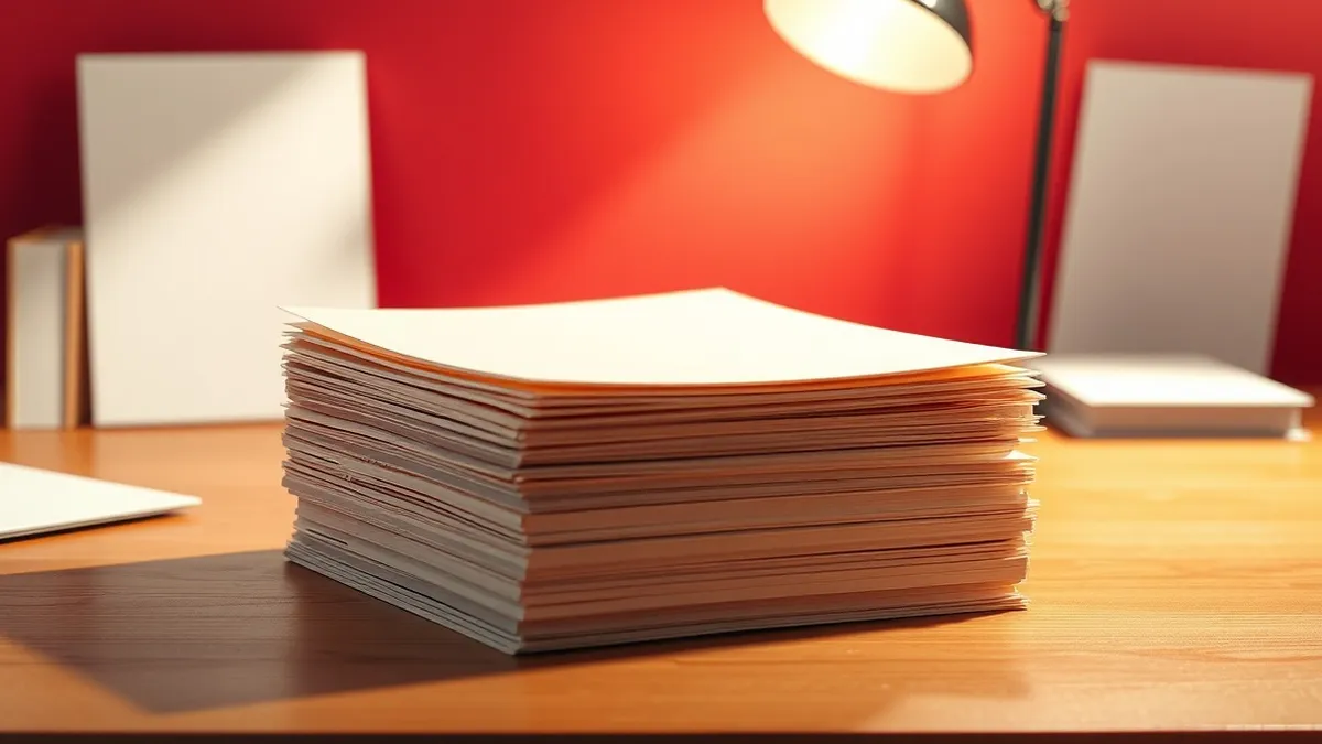 Illustration: A thick stack of blank white papers sits on a sleek wooden desk under a bright spotlight.