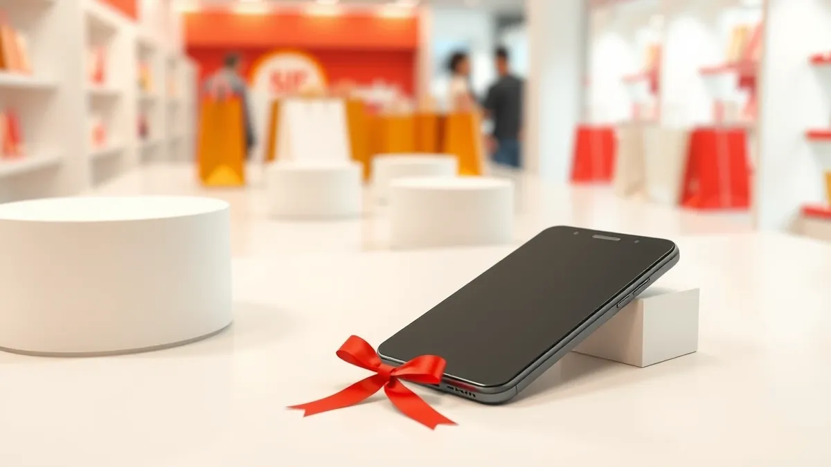 Illustration: A sleek black smartphone rests on a pristine white retail counter, surrounded by empty display pedestals.