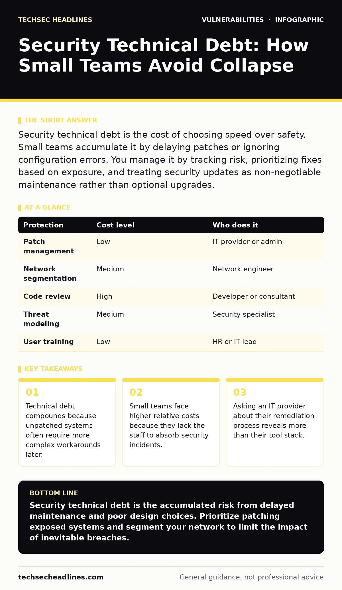 Infographic: Security Technical Debt: How Small Teams Avoid Collapse. Technical debt compounds because unpatched systems often require more complex workarounds later. Small teams face higher relative costs because they lack the staff to absorb security incidents. Asking an IT provider about their re