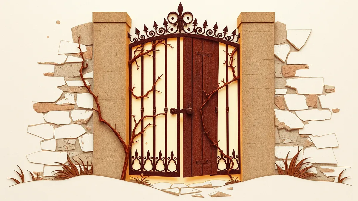 Illustration: A rusted iron gate stands half-open in a crumbling stone wall, with sharp thorny vines tangling through the broken bars.