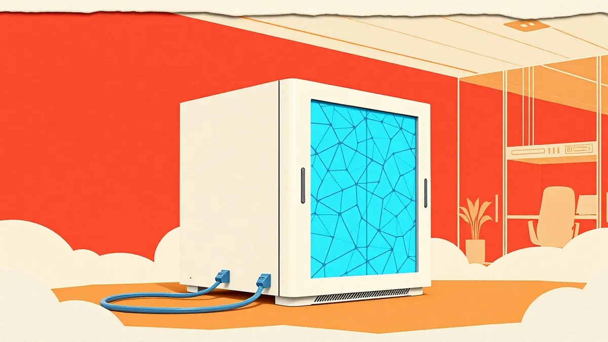 Illustration: A sleek white server unit sits in a modern office, its front panel glowing with soft blue abstract patterns.