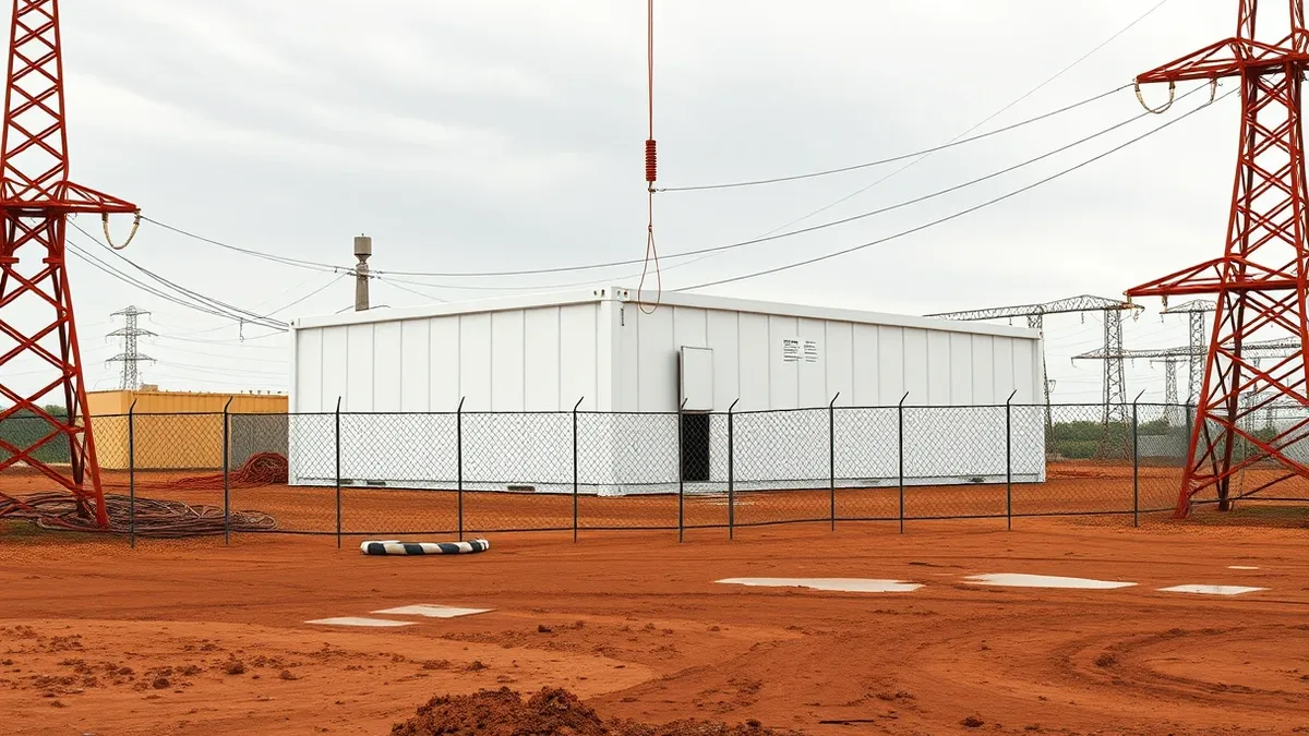 Illustration: A massive white modular data hall sits abandoned on a muddy construction site, surrounded by tangled high-voltage cables and rusted steel pylons.