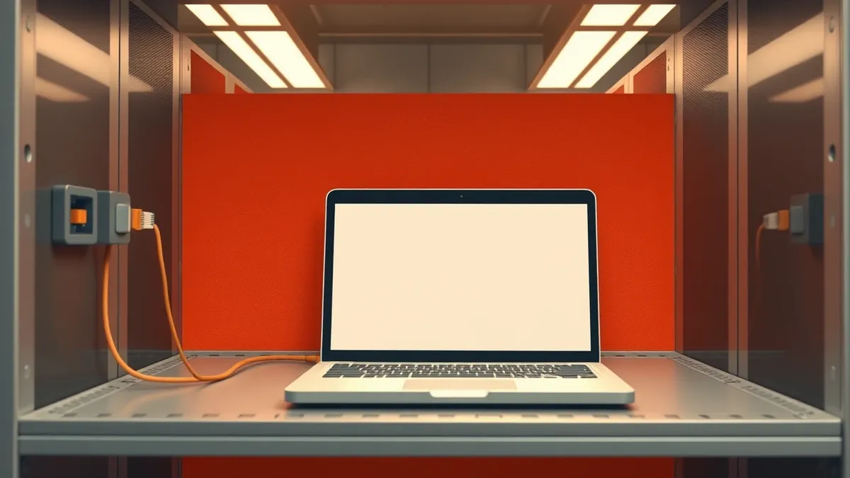 Illustration: A closed laptop sits on a metal shelf inside a secure, windowless server room.