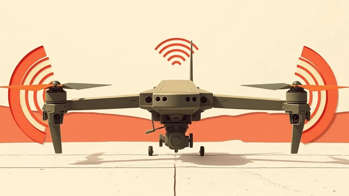 Illustration: A rugged drone sits on a concrete pad, its exposed frame revealing vulnerable engine mounts and fuel lines.