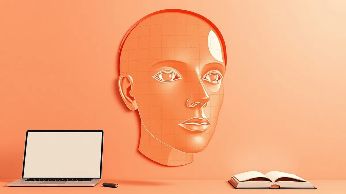 Illustration: A translucent digital head floats in midair, its surface rippling with subtle, unnatural distortances around the eyes and jawline.