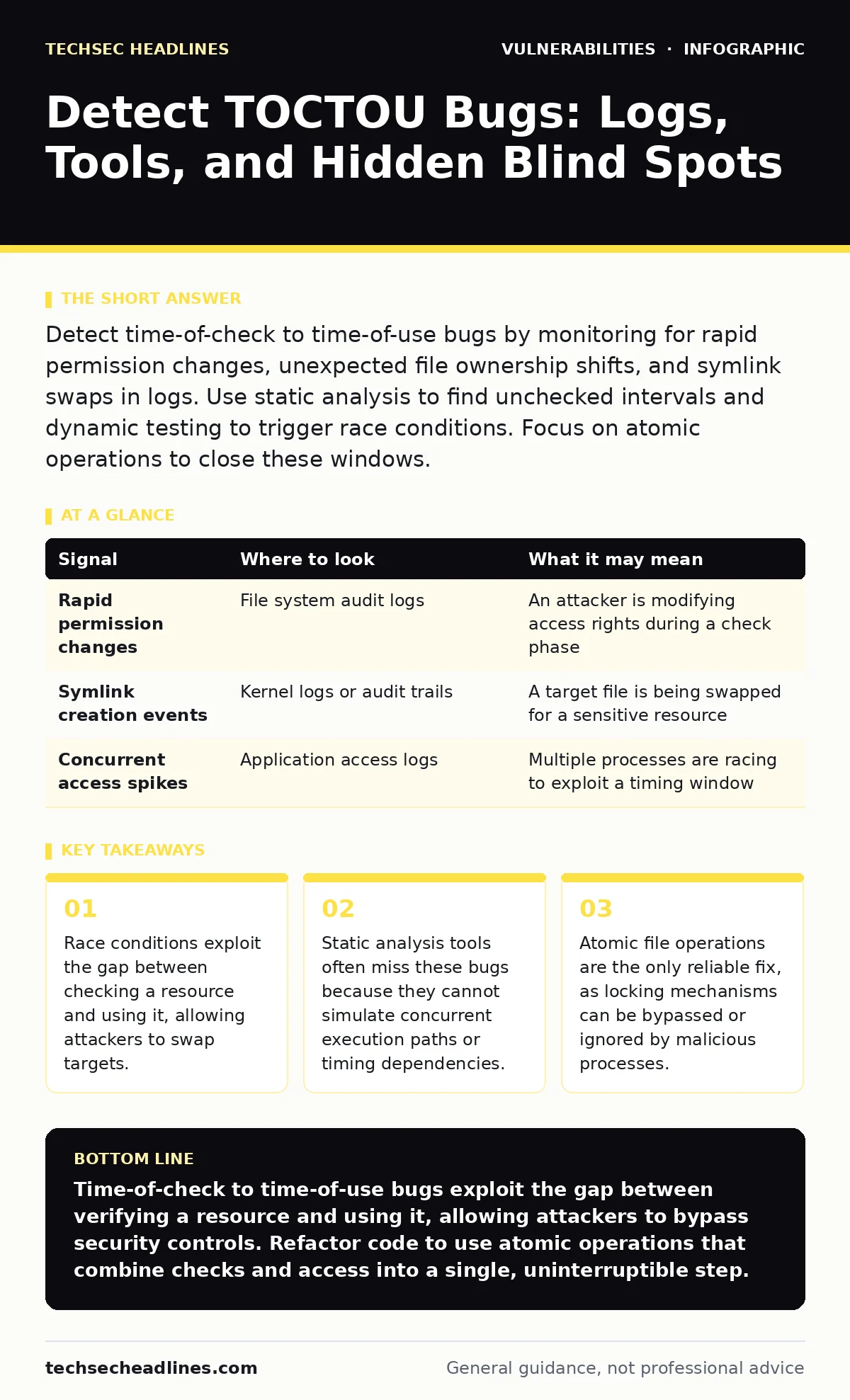 Infographic: Detect TOCTOU Bugs: Logs, Tools, and Hidden Blind Spots. Race conditions exploit the gap between checking a resource and using it, allowing attackers to swap targets. Static analysis tools often miss these bugs because they cannot simulate concurrent execution paths or timing dependenci