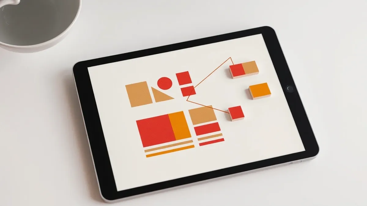 Illustration: A sleek tablet rests on a clean white desk, its screen displaying a structured grid of abstract geometric shapes and color swatches.