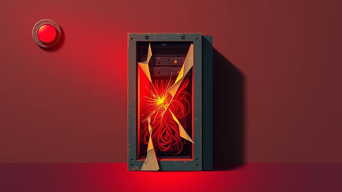 Illustration: A weathered server rack sits in a dark room with a single red status light blinking ominously.