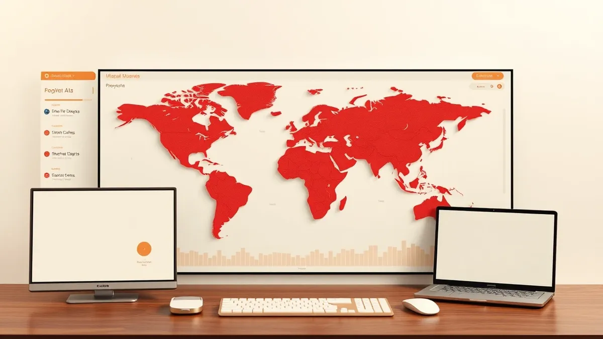 Illustration: A sleek dashboard interface displays a stylized map with distinct regional zones, each outlined by a translucent boundary.