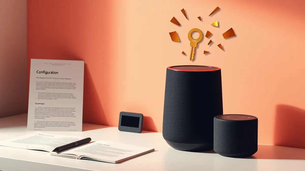 Illustration: A sleek black smart speaker sits on a white desk beside a blank configuration file.