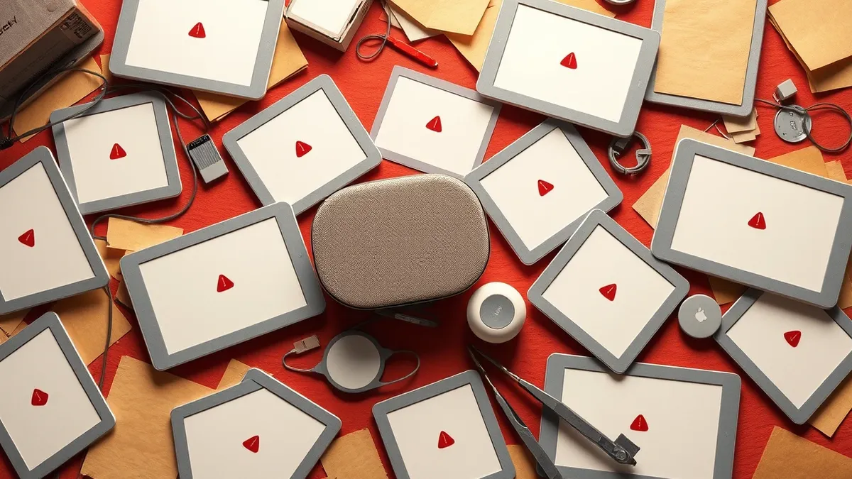 Illustration: A cluttered table holds several identical silver tablets and smart speakers arranged in a chaotic circle.