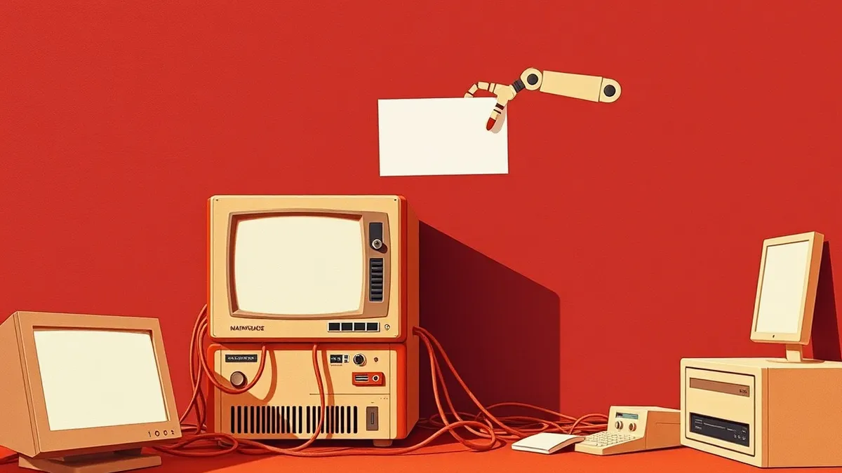 Illustration: A dusty, beige mainframe computer sits in a dim room, tangled with thick cables.
