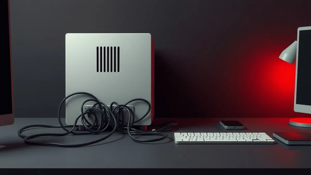 Illustration: A sleek silver server blade sits isolated on a dark desk, its single ventilation slot pulsing with faint red light.