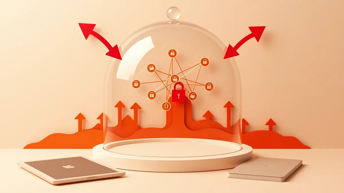 Illustration: A transparent glass dome protects a floating network diagram, with glowing digital seals locking each connection point in place.