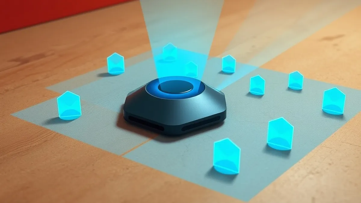 Illustration: A sleek black sensor sits on a concrete floor, projecting a dynamic blue holographic map of invisible network threats that shift and morph in real time.