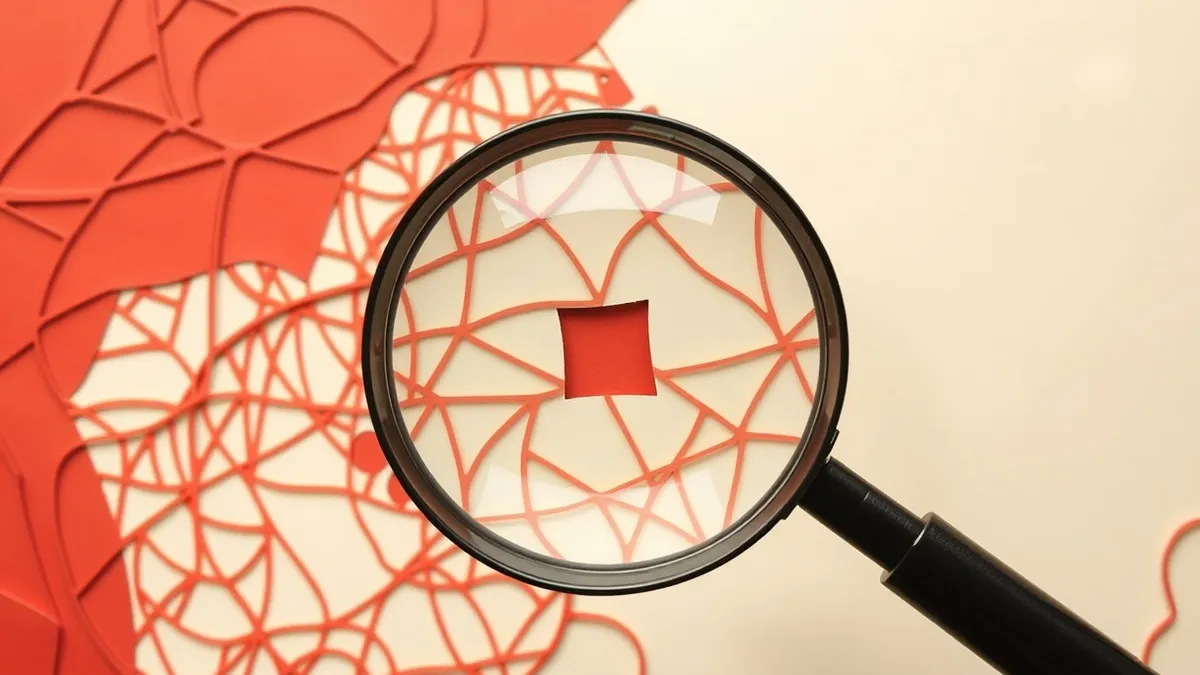 Illustration: A magnifying glass hovers over a flat sheet of paper covered in intricate, tangled geometric lines and abstract shapes.