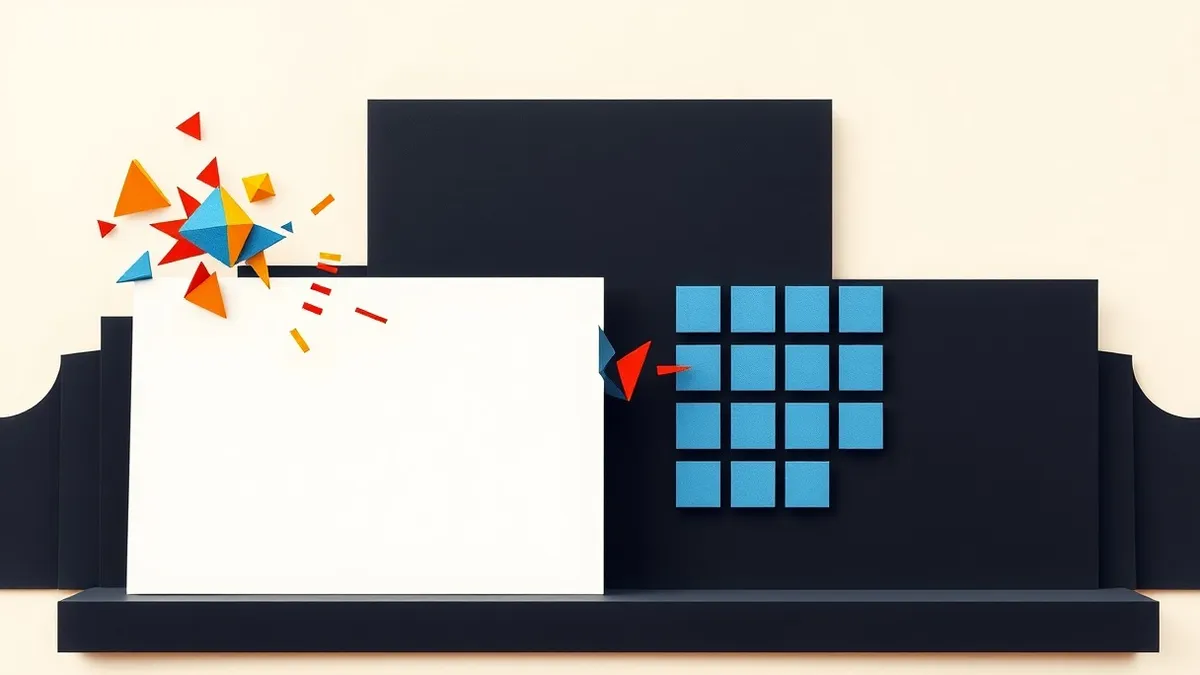 Illustration: A white testing panel sits before a smooth black monolith representing an AI model.