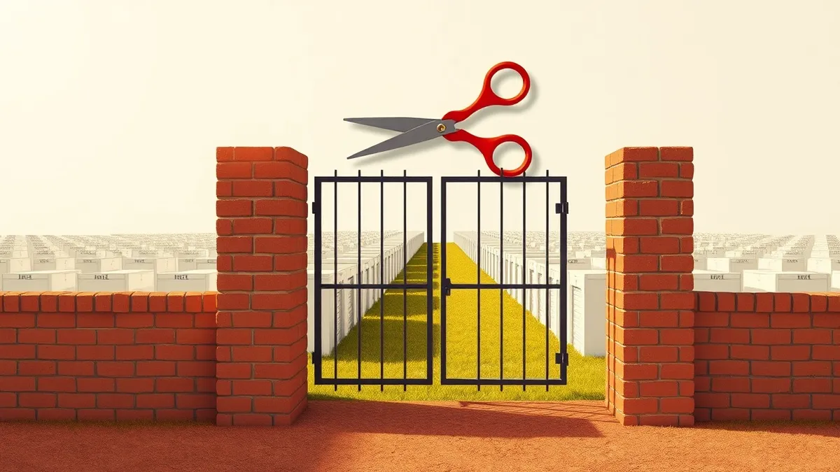 Illustration: An open steel gate stands wide in a low brick wall surrounding a quiet field.
