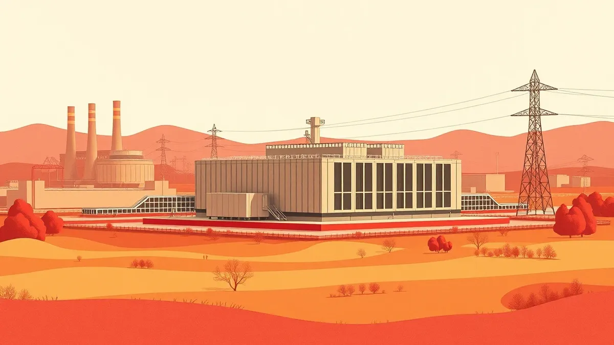 Illustration: A compact modular nuclear reactor sits in a cleared industrial field where smokestacks once stood.