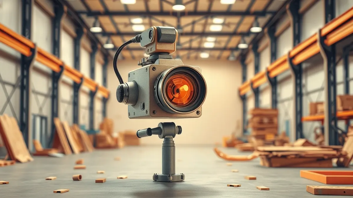 Illustration: A wide-angle camera mounted on a metal robotic arm rotates slowly above an empty warehouse floor.