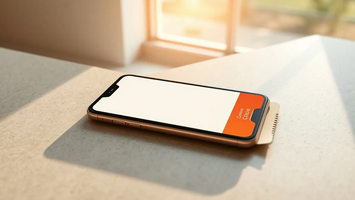 Illustration: A sleek smartphone rests on a polished concrete desk beside a minimalist paper ticket stub.