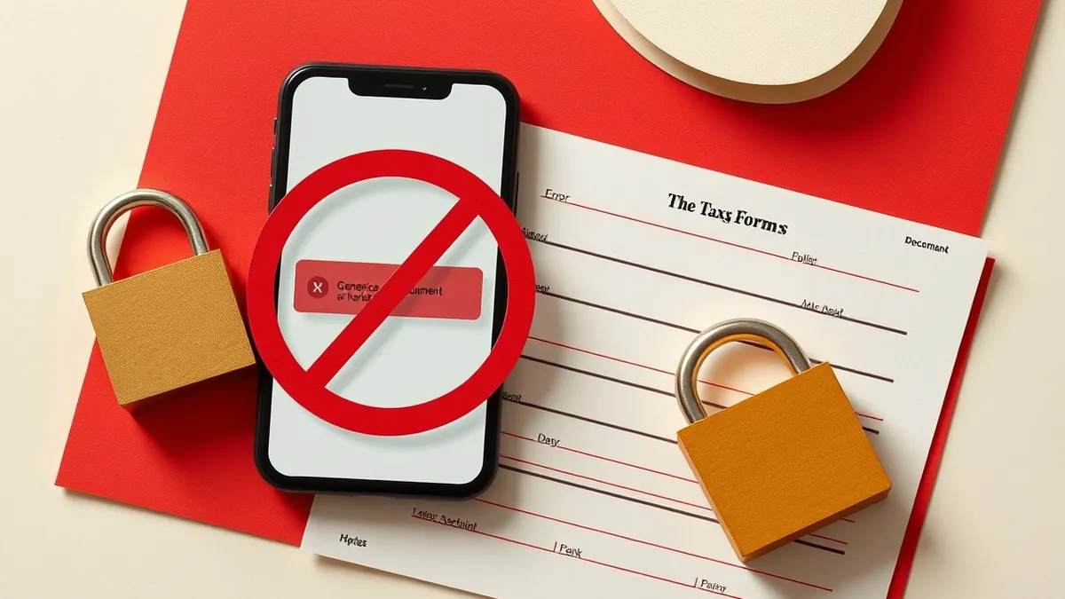 Illustration: A blank tax form rests on a desk next to a smartphone displaying a generic error message.