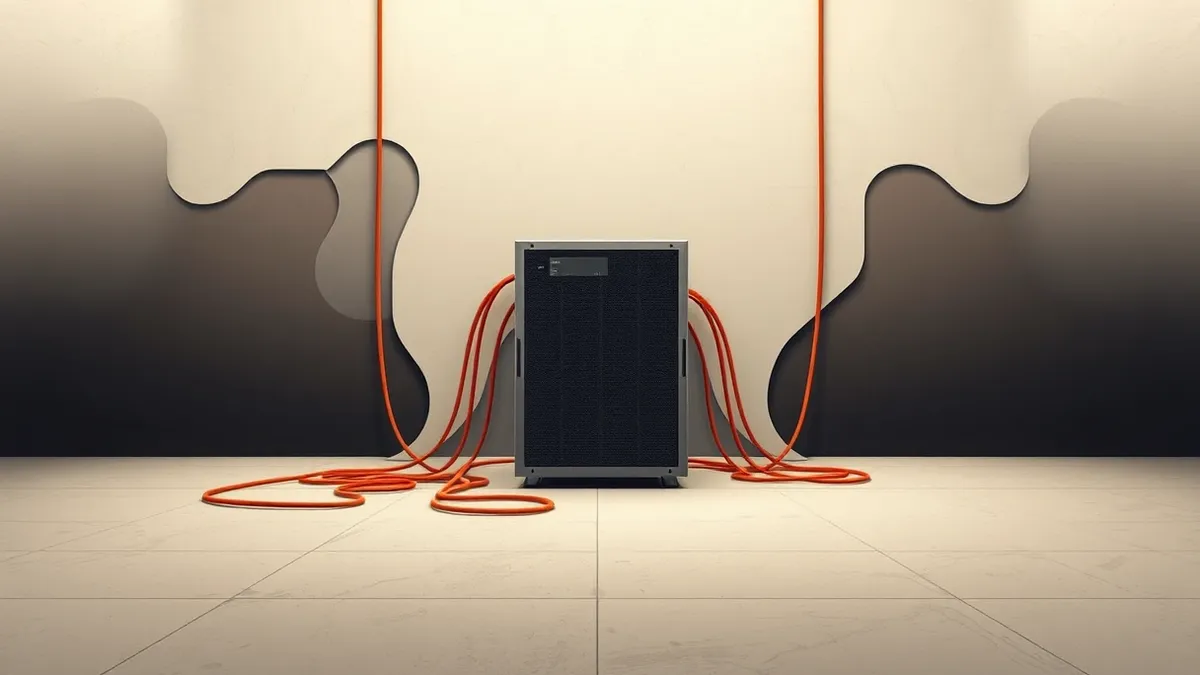 Illustration: A single server unit sits isolated on a clean concrete floor, connected to tangled cables leading into a dark void.
