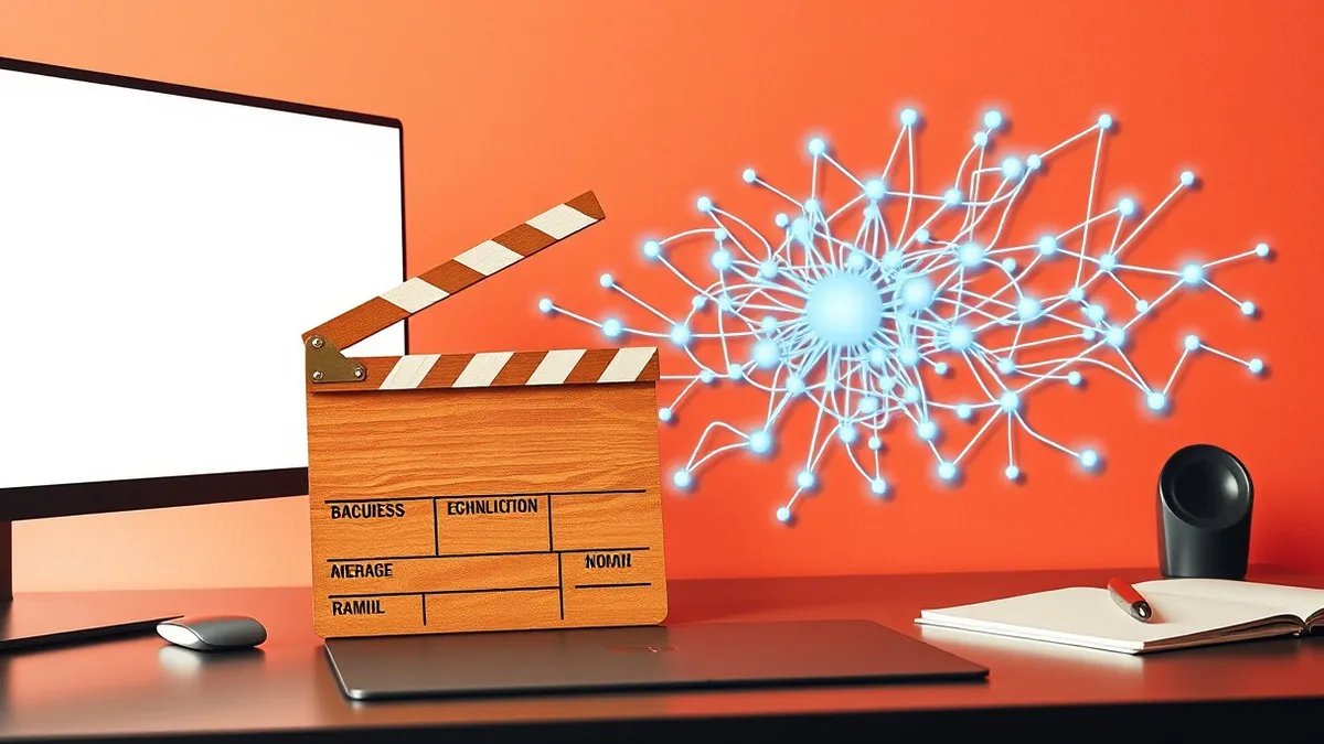 Illustration: A wooden film clapperboard rests on a sleek desk beside a tangled knot of glowing neural network nodes.