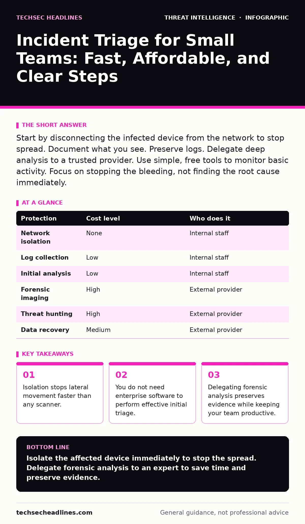 Infographic: Incident Triage for Small Teams: Fast, Affordable, and Clear Steps. Isolation stops lateral movement faster than any scanner. You do not need enterprise software to perform effective initial triage. Delegating forensic analysis preserves evidence while keeping your team productive.