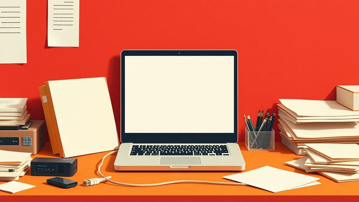 Illustration: A lone laptop sits on a cluttered office desk with its network cable unplugged and hanging loose.