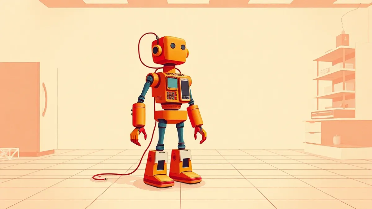 Illustration: A small humanoid robot stands on a clean laboratory floor.