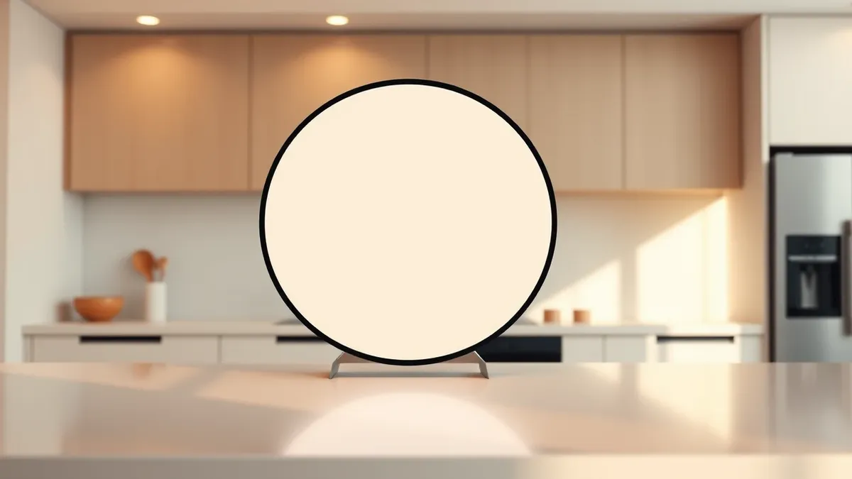 Illustration: A sleek, circular smart home display sits on a minimalist kitchen counter.