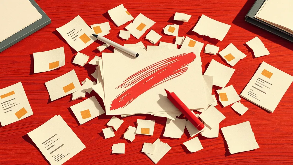 Illustration: A scattered pile of torn paper slips lies on a polished wooden desk.