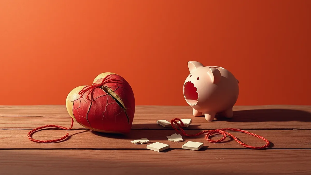 Illustration: A cracked porcelain heart rests on a cold wooden table beside a shattered piggy bank.