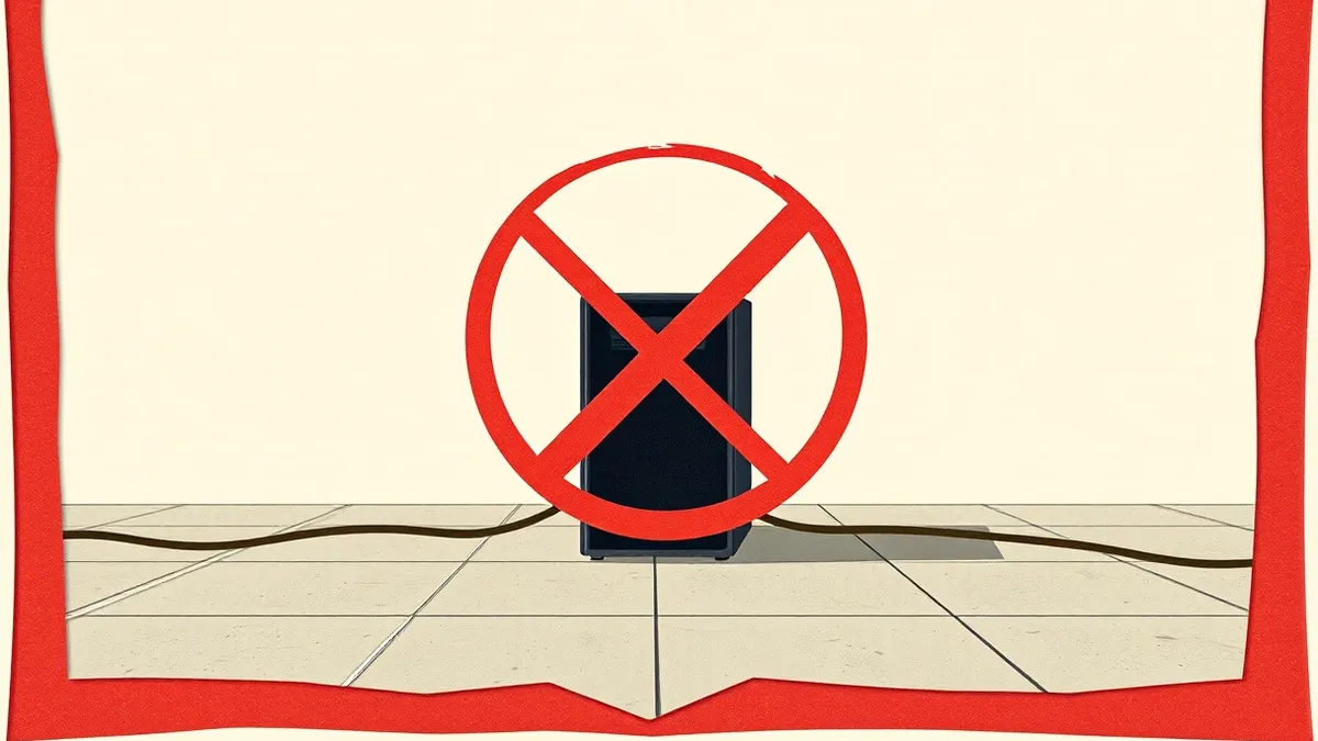 Illustration: A sleek black server unit sits isolated on a concrete floor, disconnected from any visible network cables.