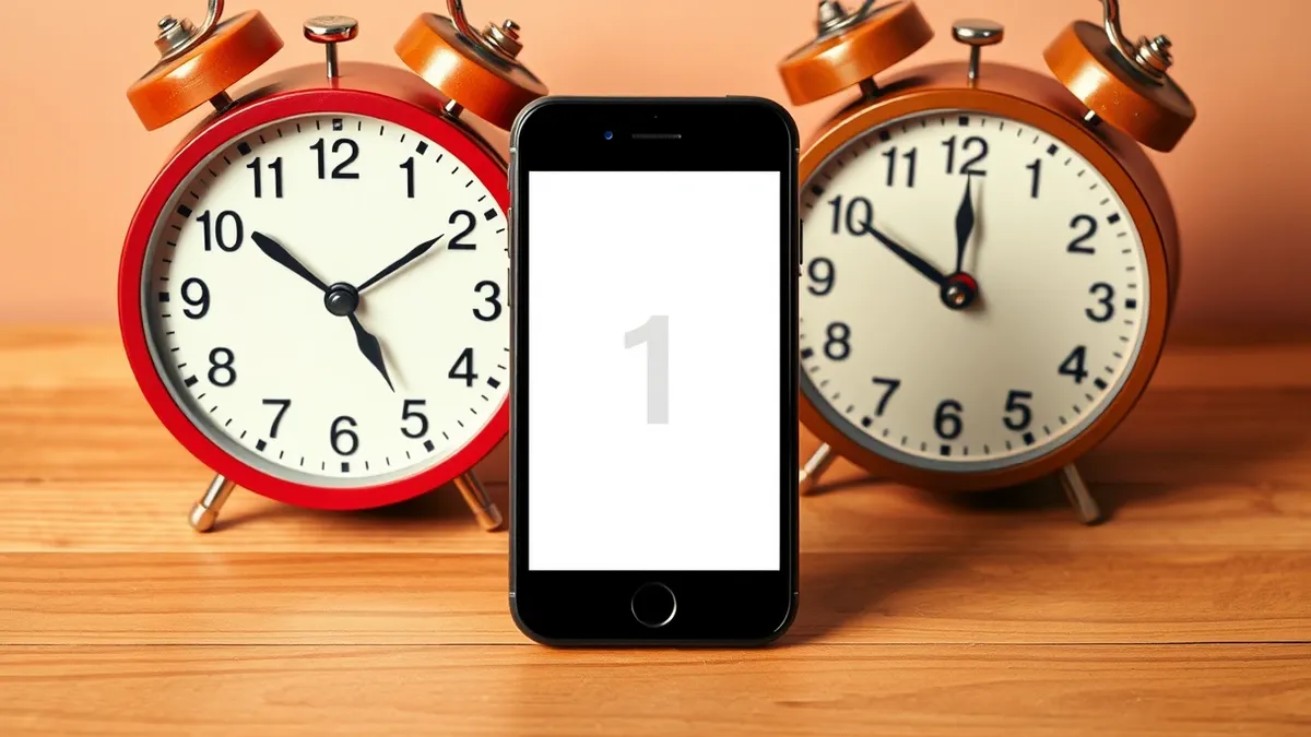 Illustration: A black smartphone rests on a wooden table beside a traditional analog clock with its hands frozen at one o'clock.
