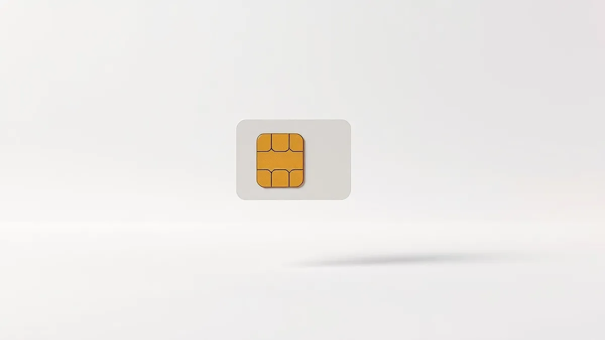 Illustration: A plastic SIM card hovers alone on a sterile white surface.