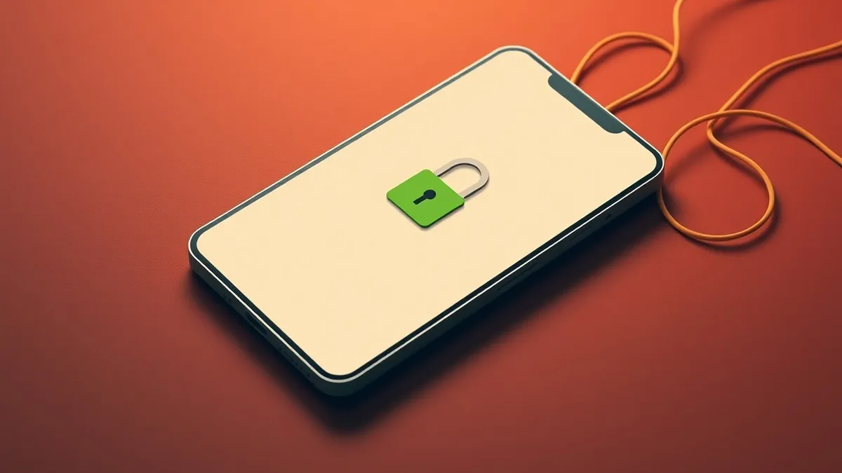 Illustration: A sleek smartphone rests on a dark surface, its screen displaying a generic web browser window with a green padlock icon indicating a secure connection, while faint,