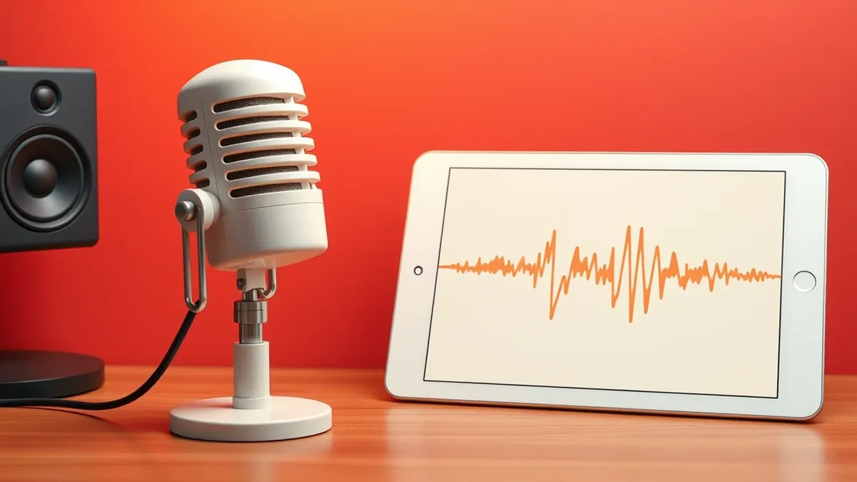 Illustration: A pristine white studio microphone sits on a wooden desk, angled toward a jagged waveform display on a blank tablet screen.