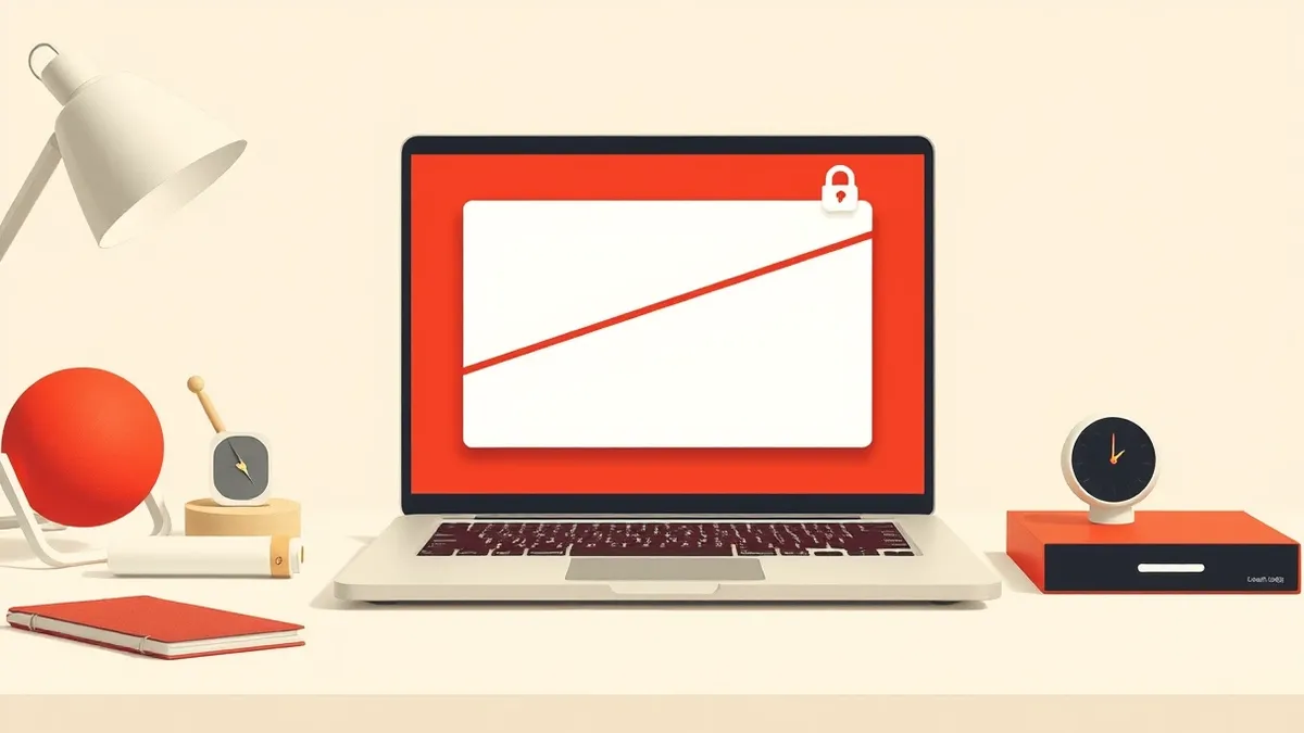 Illustration: A sleek laptop sits open on a clean desk with its screen displaying a blank window.
