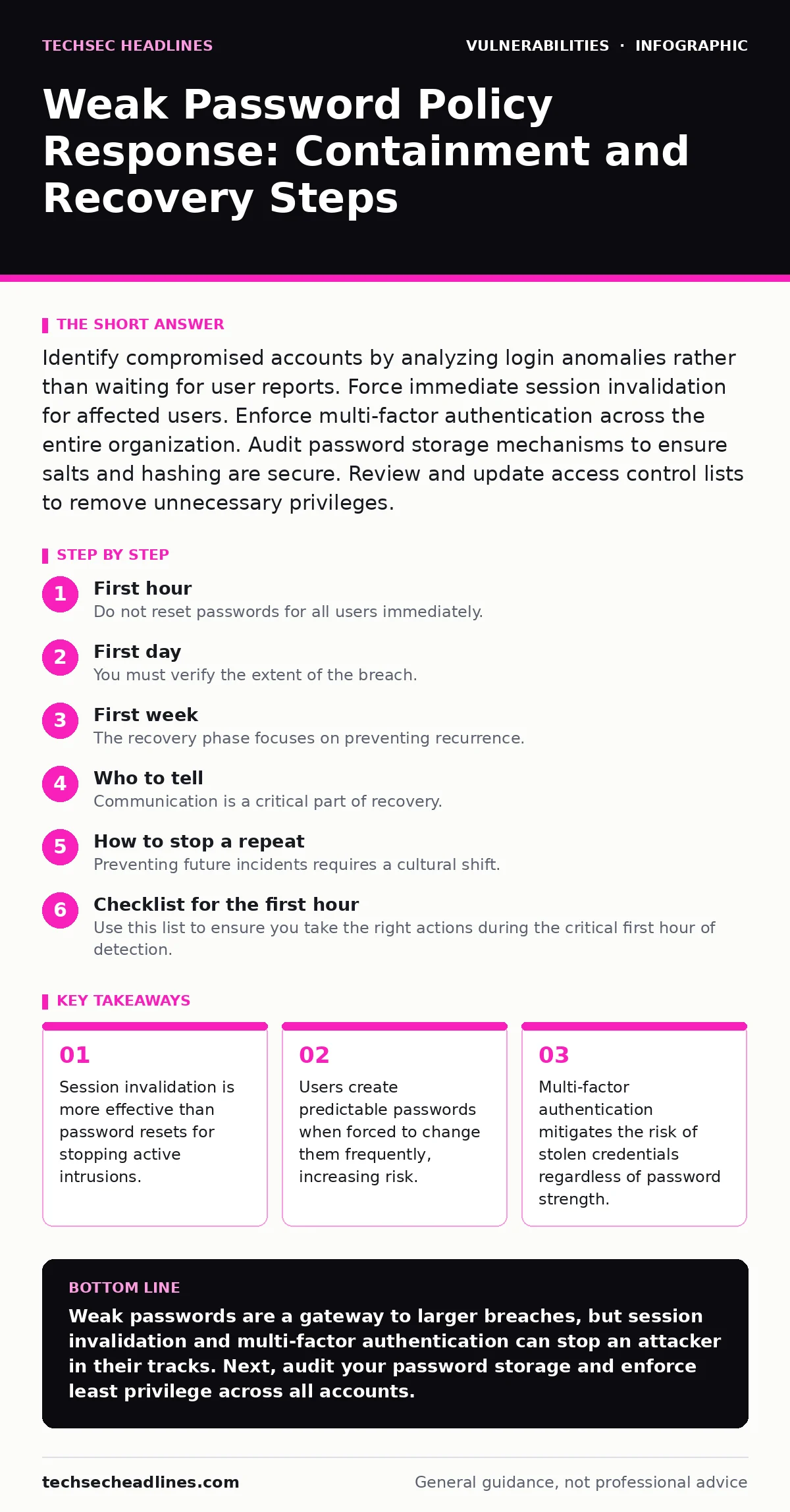 Infographic: Weak Password Policy Response: Containment and Recovery Steps. Session invalidation is more effective than password resets for stopping active intrusions. Users create predictable passwords when forced to change them frequently, increasing risk. Multi-factor authentication mitigates the