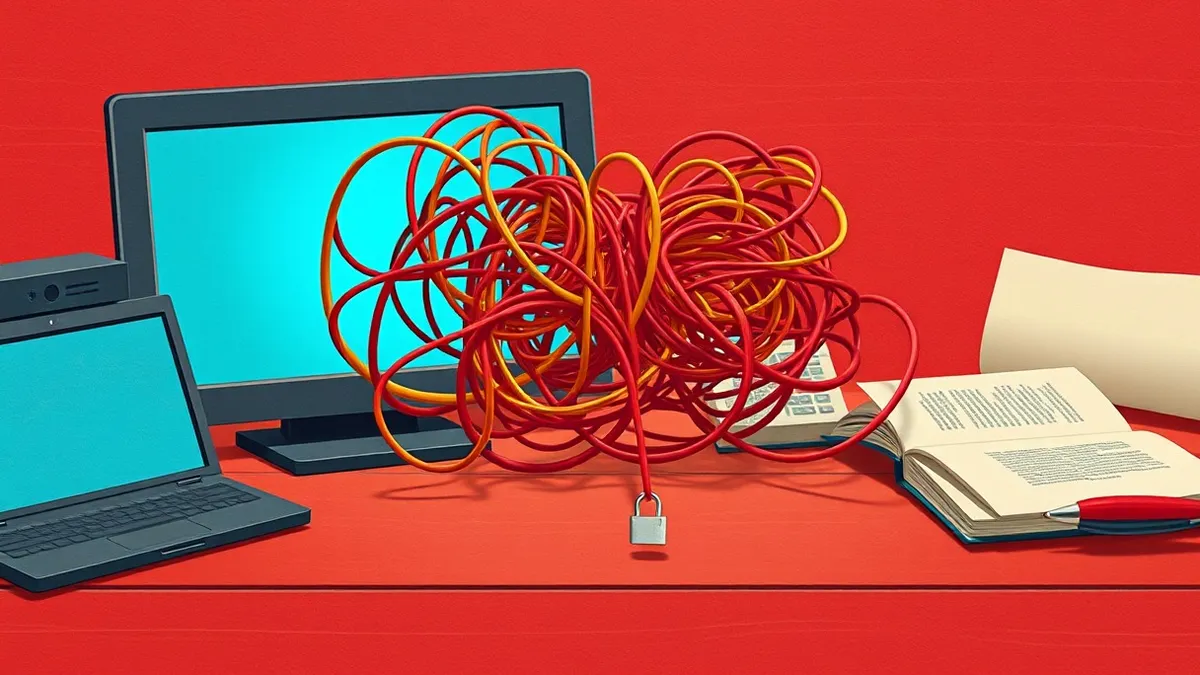 Illustration: A tangle of tangled, frayed cables sits on a dusty wooden desk, forming a chaotic knot that blocks a single glowing blue light.