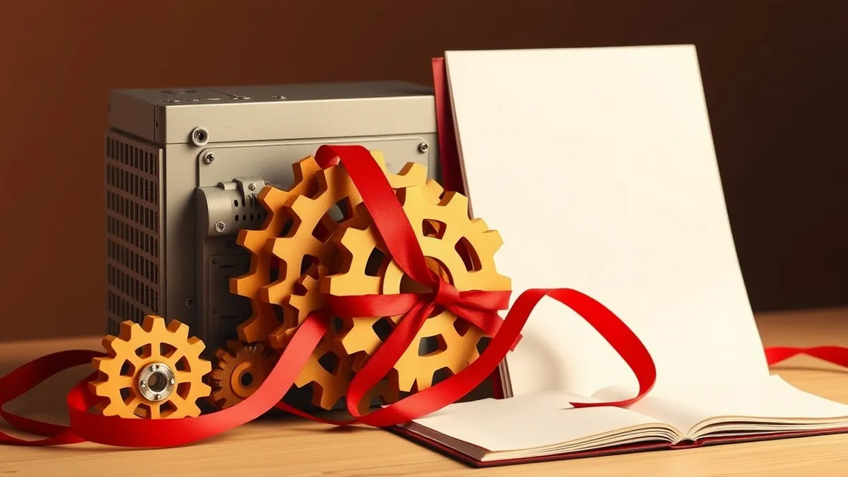 Illustration: A mechanical gear train connects to a sleek artificial intelligence processor unit.