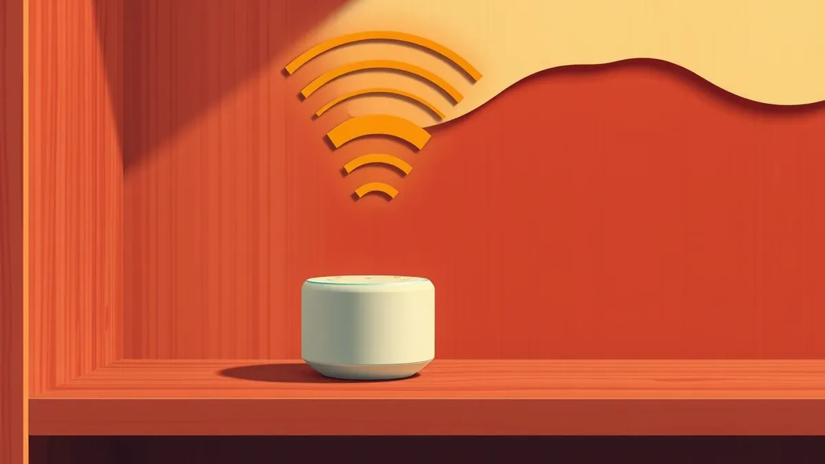Illustration: A small white cylindrical smart speaker rests on a wooden shelf.