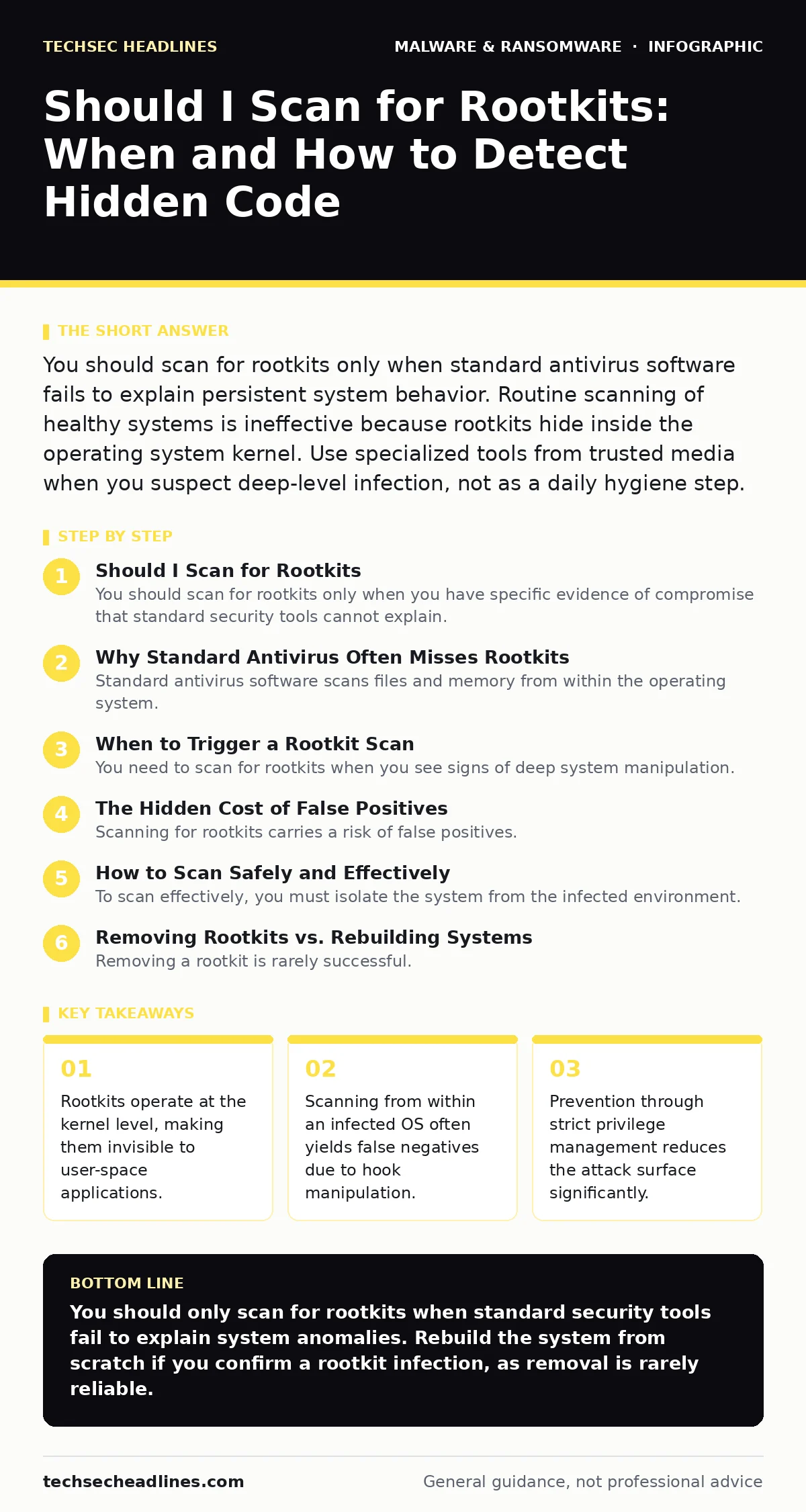 Infographic: Should I Scan for Rootkits: When and How to Detect Hidden Code. Rootkits operate at the kernel level, making them invisible to user-space applications. Scanning from within an infected OS often yields false negatives due to hook manipulation. Prevention through strict privilege manageme