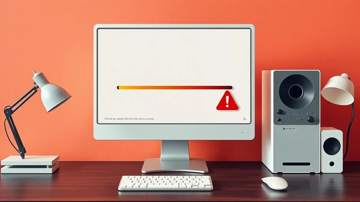 Illustration: A clean white desktop monitor sits on a dark wooden desk, displaying a simple progress bar that halts halfway across the screen.