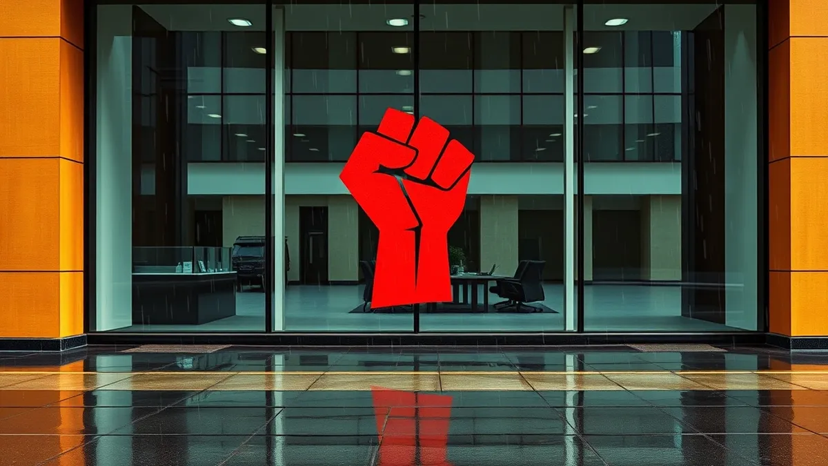 Illustration: A bright red spray-painted stencil covers the front glass of a sleek office building.