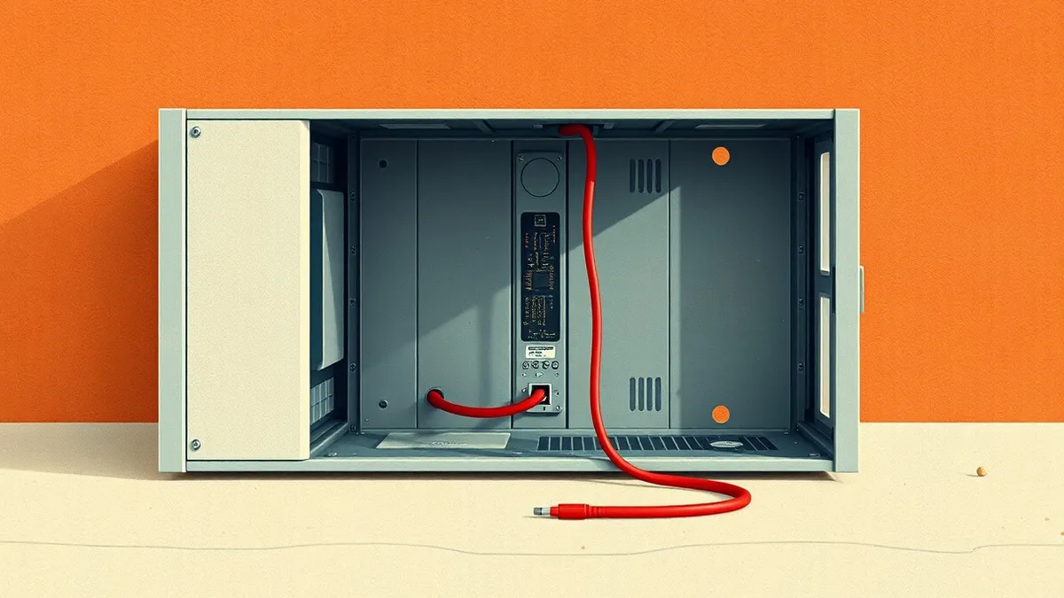 Illustration: A metallic server chassis sits on a concrete floor with its side panel removed to reveal bare circuitry.